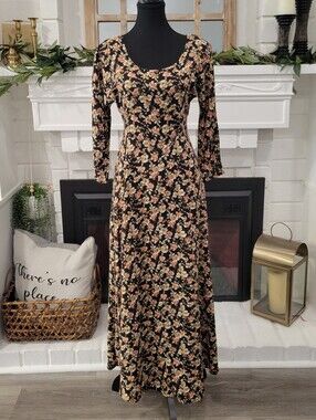 Vintage Whimsigoth 90s Grunge Black Floral  Cottagecore Maxi Dress Size 11/12